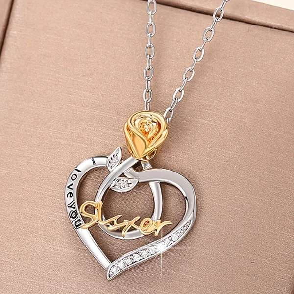  European and American style two-color necklace female bestie sister flower birthday gift sister rose heart necklace