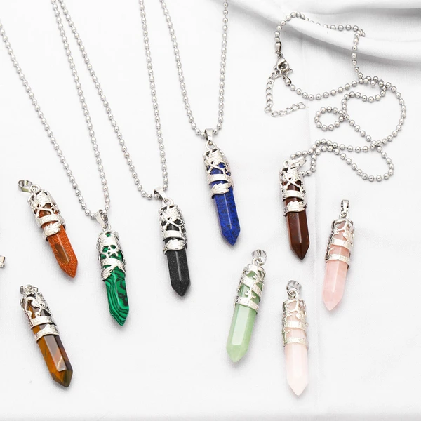 Hot selling crystal agate single pointed hexagonal column pendant bullet necklace European and American jewelry wholesale nkb579