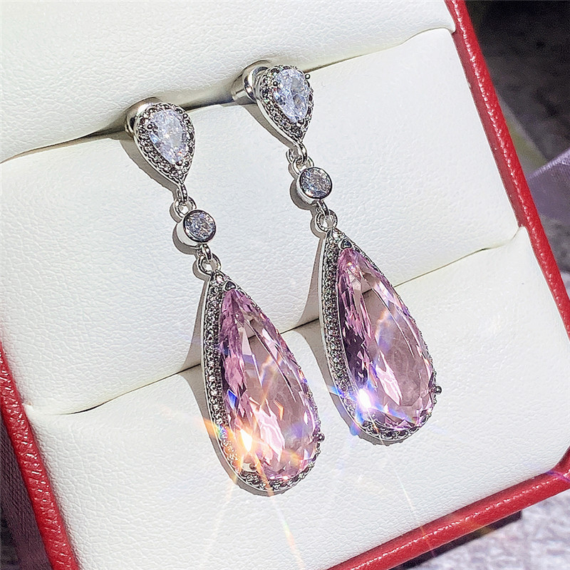 Hot selling earrings inlaid with 9*20mm pink teardrop zircon, exquisite earrings for girls
