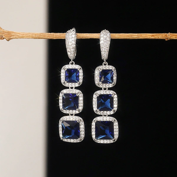 European and American shiny square zircon earrings for women, light luxury high-end zircon colored gemstone long earrings, factory direct sales