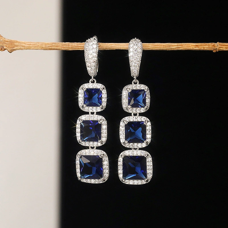 European and American shiny square zircon earrings for women, light luxury high-end zircon colored gemstone long earrings, factory direct sales