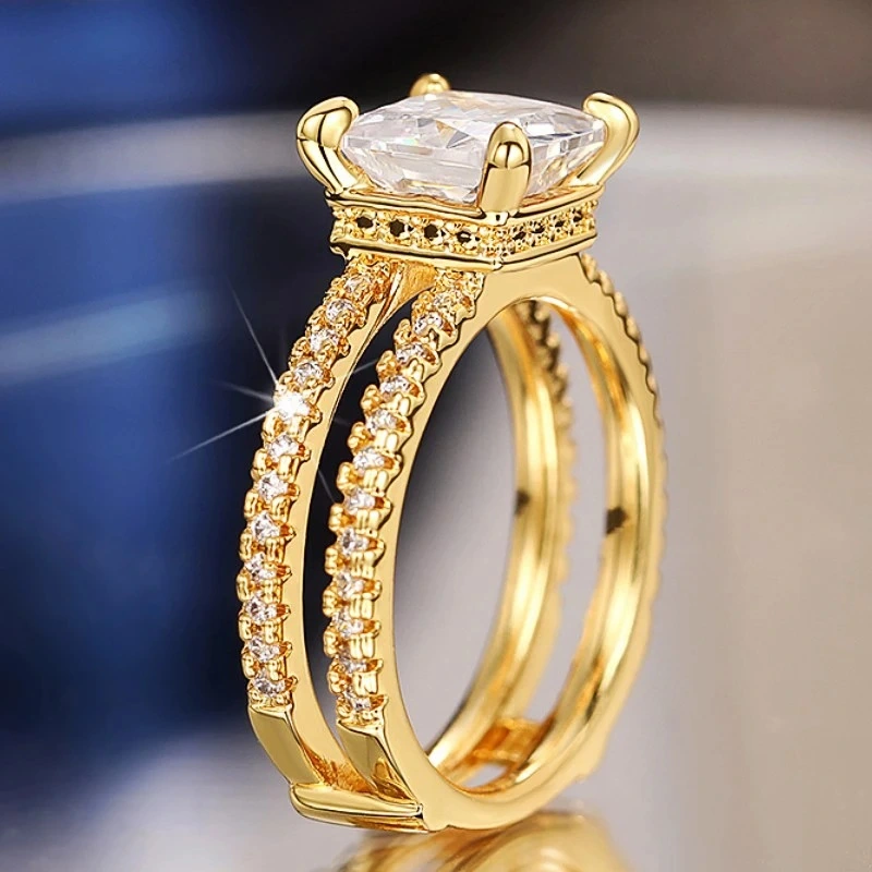   Hot selling double crown ring European and American square trendy princess jewelry super shiny four claw ring