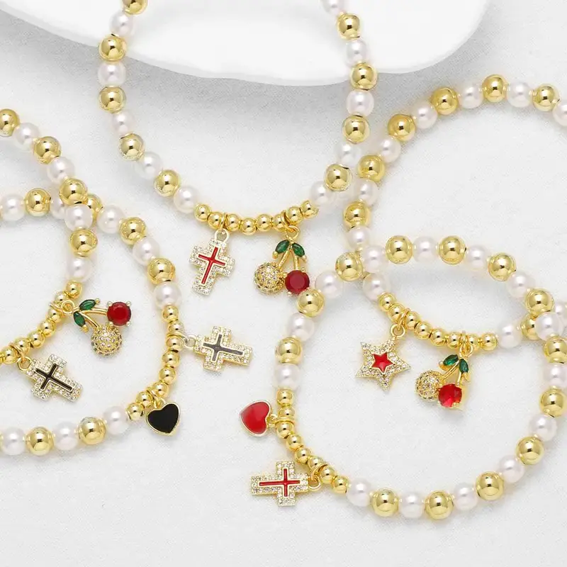 AS jewelry Europe and the United States hot selling pearl beads cross cherry fruit pendant gold-plated bracelet female brm82