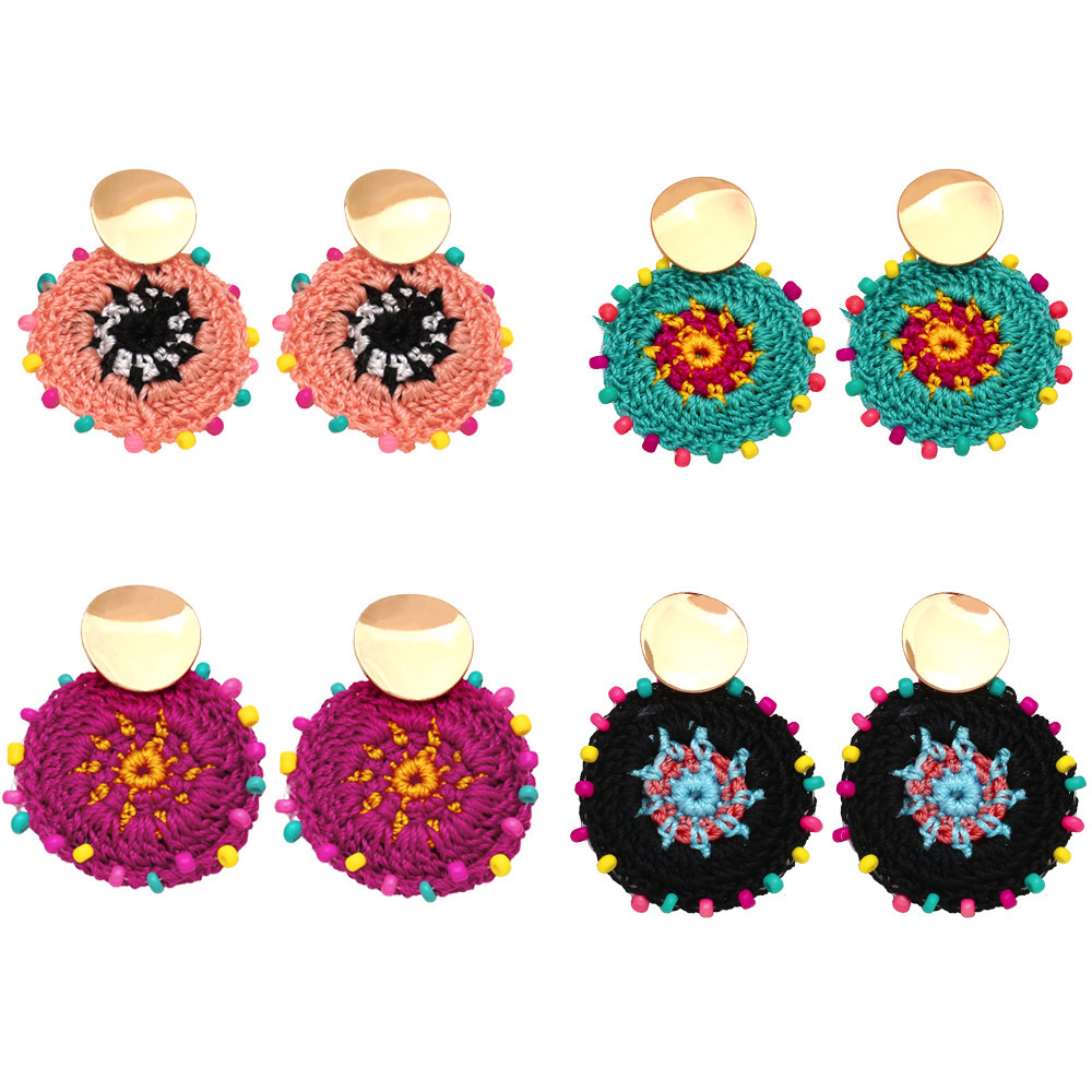 European and American Bohemian ethnic style niche design hand-woven cotton rope round flower earrings female era306