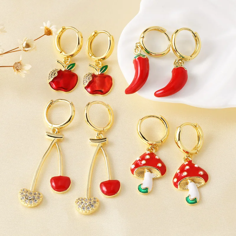 AS jewelry European and American simple design copper plated real gold cherry fruit pepper pendant earrings earrings eru17