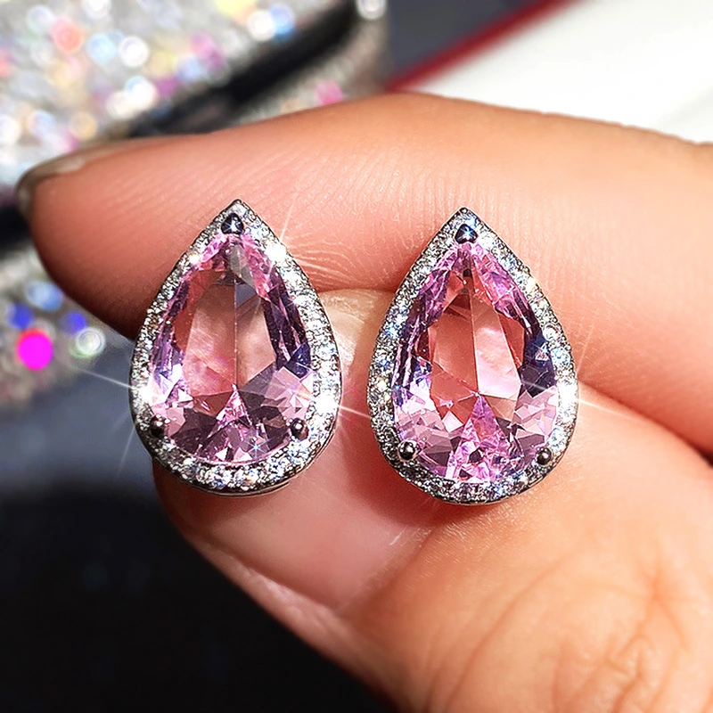 European and American new style earrings sweet pear-shaped water drop pink diamond zircon earrings for women Valentine's Day gift for girlfriend