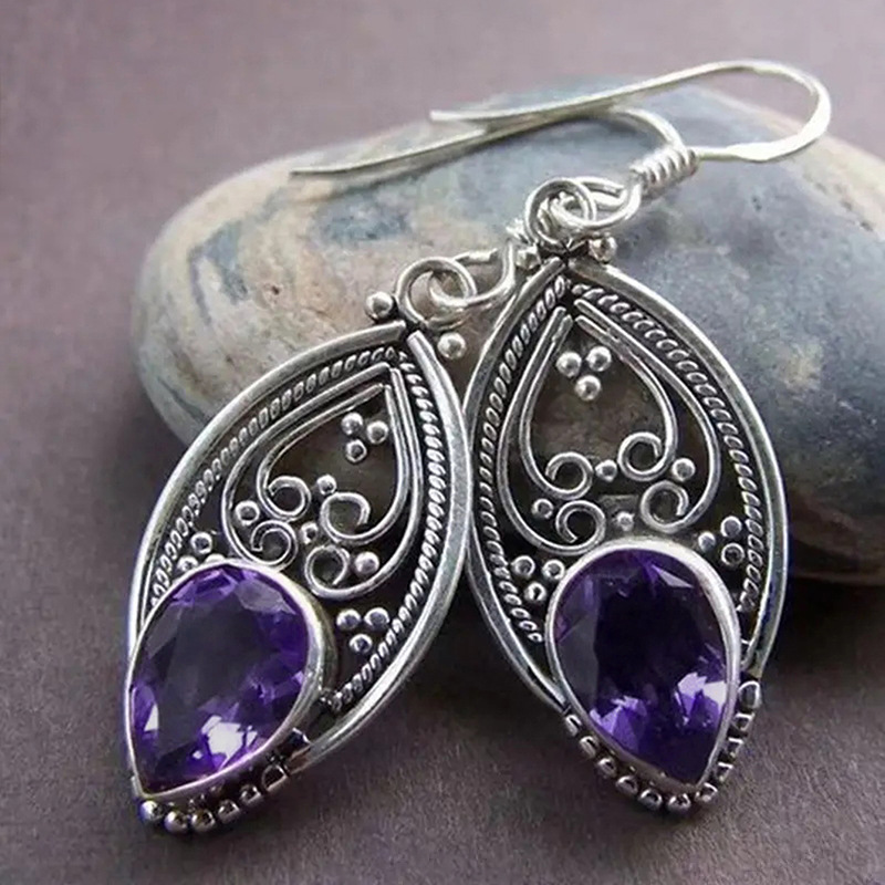  Retro alloy hollow purple earrings personality teardrop-shaped pendant ear hook floral design earrings