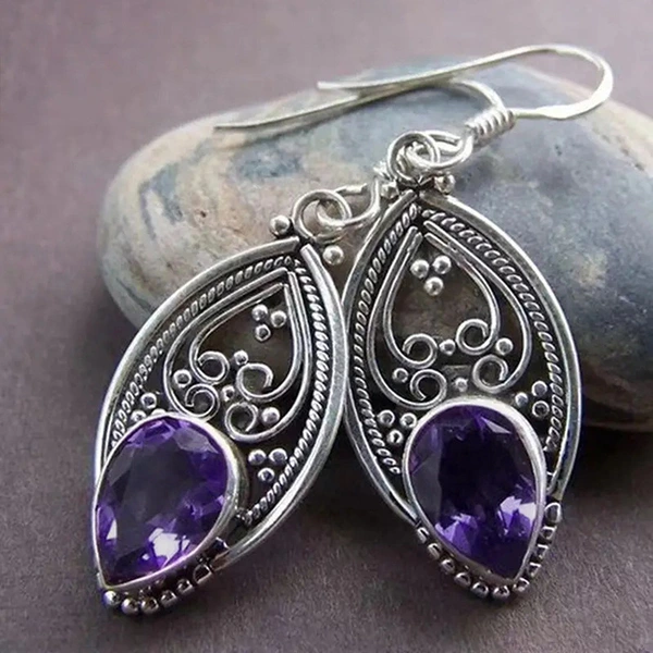  Retro alloy hollow purple earrings personality teardrop-shaped pendant ear hook floral design earrings