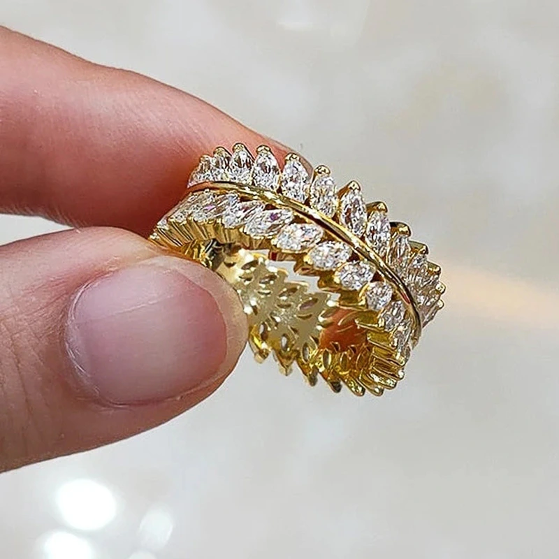 European and American hot-selling full-circle ring, luxurious and full-inlaid temperament willow leaf ring, exquisite and creative ring