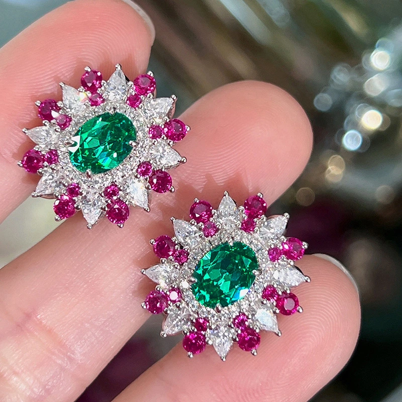 Hot selling luxurious and colorful earrings for women with flower geometric design and eye-catching oval zircon style