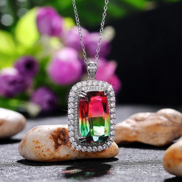 European and American light luxury necklace 15*25mm super large colored zircon necklace luxury two-color gemstone pendant