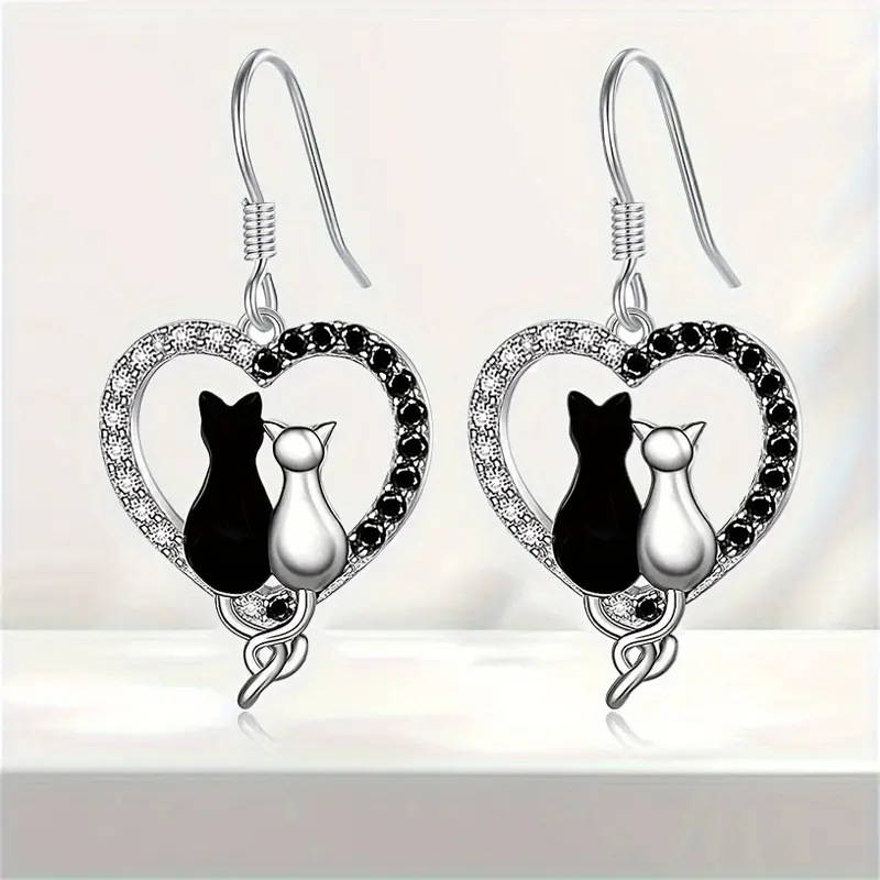  Two-tone zircon heart cat earrings, cute cat exquisite earrings, factory direct sales, heart-shaped earrings