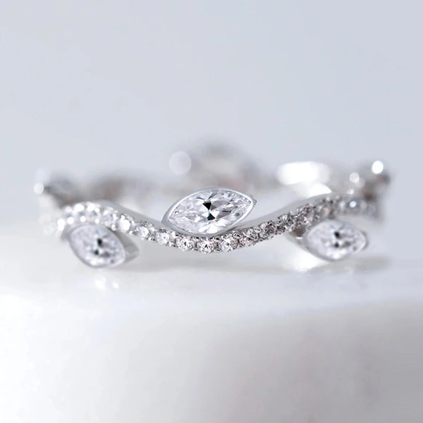  Wavy line leaf ring female fashion leaf inlaid zircon ring shiny engagement wedding gift