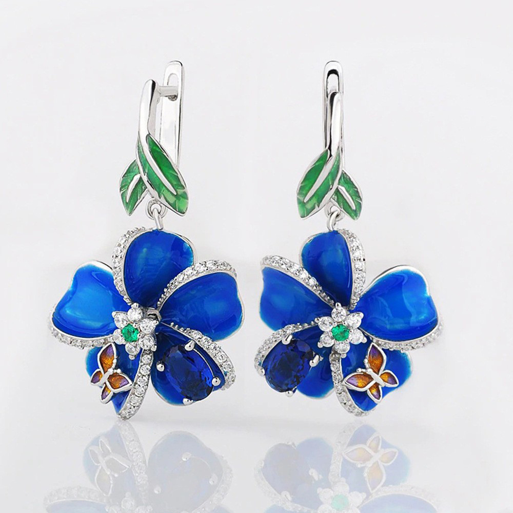 European and American hot selling blue enamel pendant earrings butterfly drop glue flower diamond earrings creative floral earrings