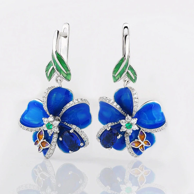 European and American hot selling blue enamel pendant earrings butterfly drop glue flower diamond earrings creative floral earrings