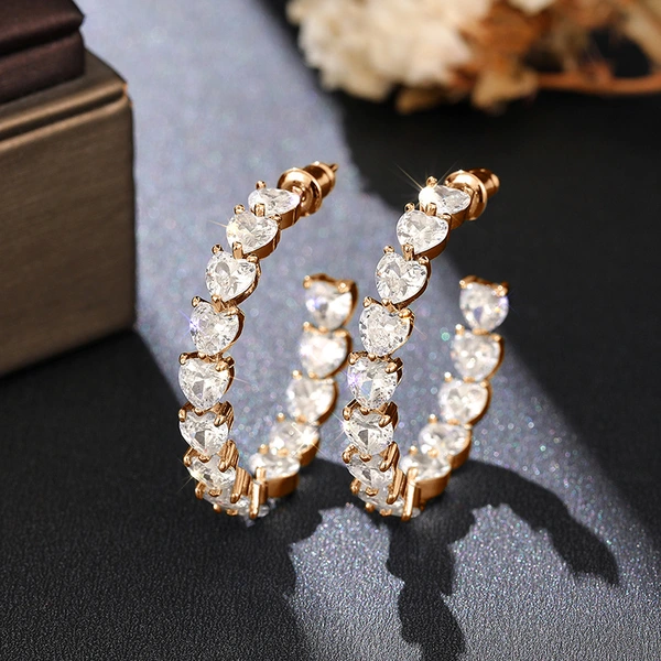  2024 hot-selling heavy-duty full-inlaid earrings, luxurious C-shaped temperament heart earrings, European and American fashion earrings