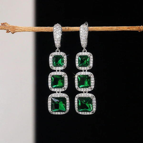 European and American shiny square zircon earrings for women, light luxury high-end zircon colored gemstone long earrings, factory direct sales