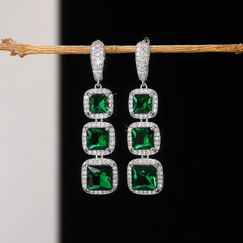 European and American shiny square zircon earrings for women, light luxury high-end zircon colored gemstone long earrings, factory direct sales