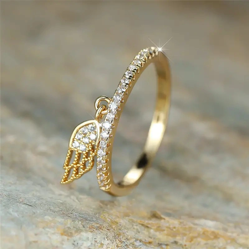  Factory direct sales of wing feather rings for women inlaid with zircon pendant rings, exquisite and fashionable daily accessories
