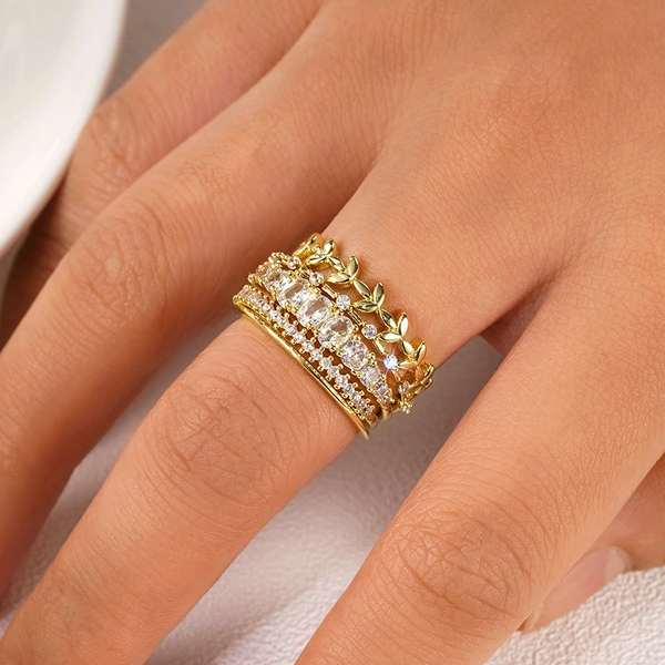   Stacking wedding light luxury geometric zircon ring women's wheat ear ring five-piece set popular super hot style