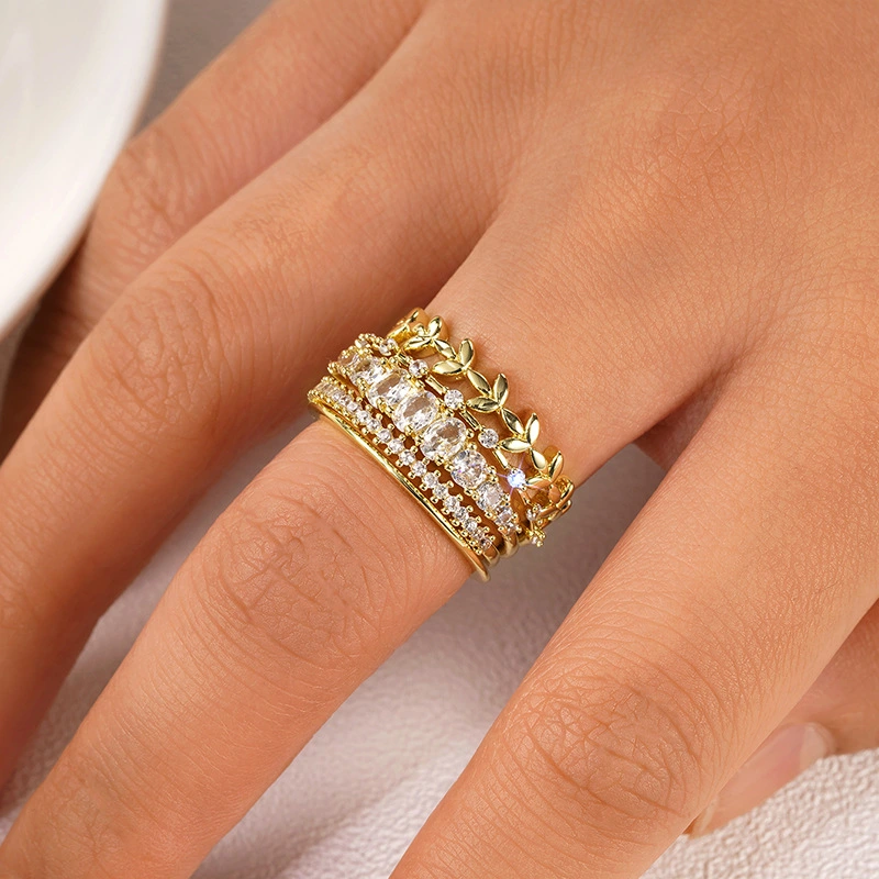   Stacking wedding light luxury geometric zircon ring women's wheat ear ring five-piece set popular super hot style