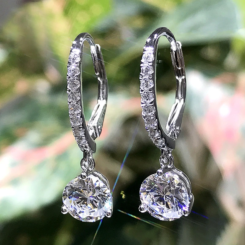 European and American source exquisite teardrop pear-shaped zircon earrings for women copper plated white gold short elegant earrings