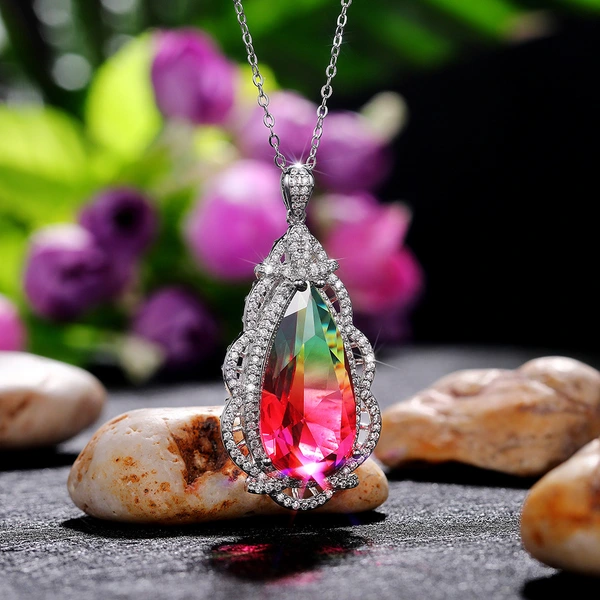 Exclusively for fashion accessories women's large teardrop colored gemstone pendant copper plated white gold super flash zircon necklace
