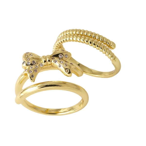Clearance AS jewelry European and American bow ring female copper plated real gold inlaid zircon double layer ring rik31