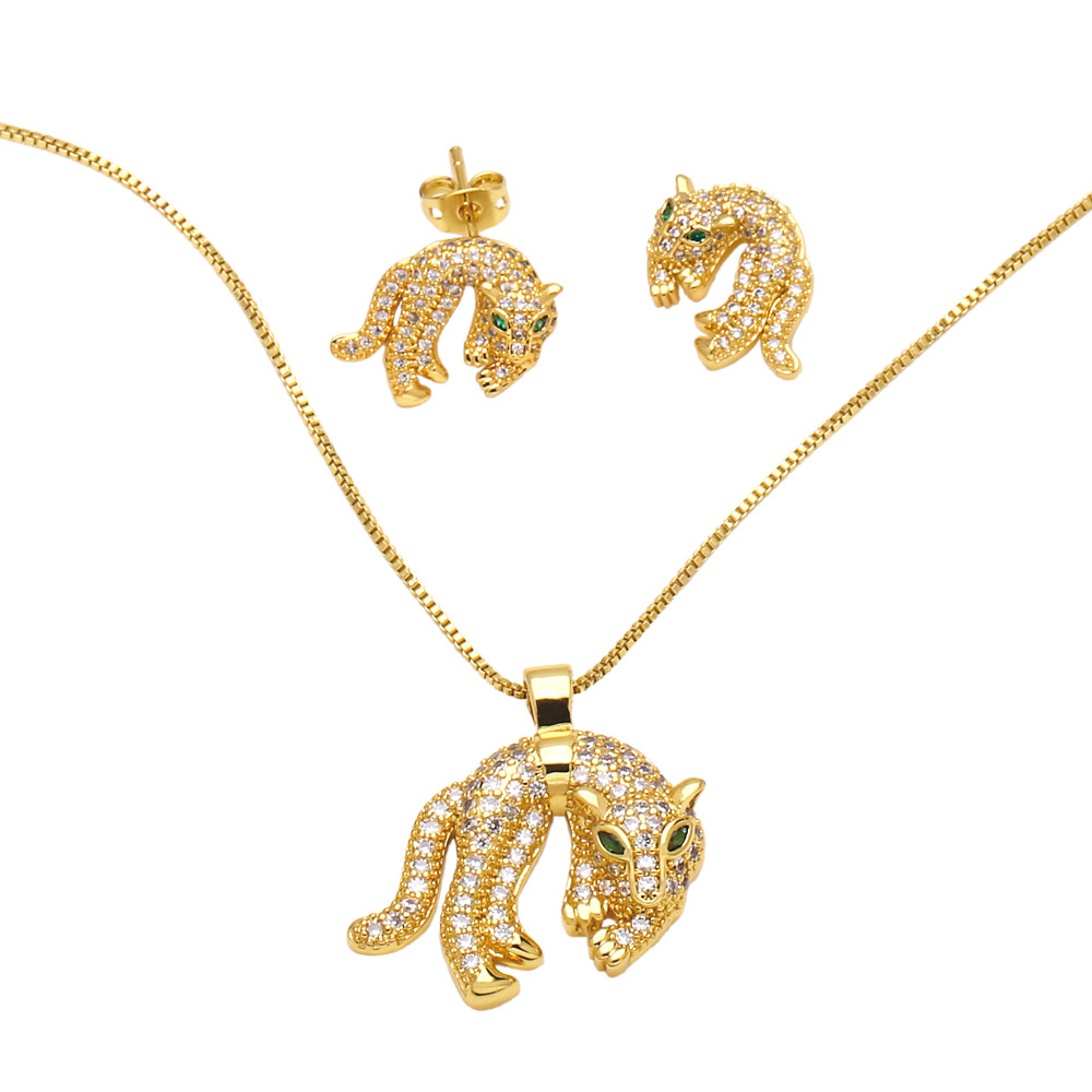 Clearance sale hip-hop new style personality exaggerated full diamond inlaid leopard necklace earrings jewelry set nkb403