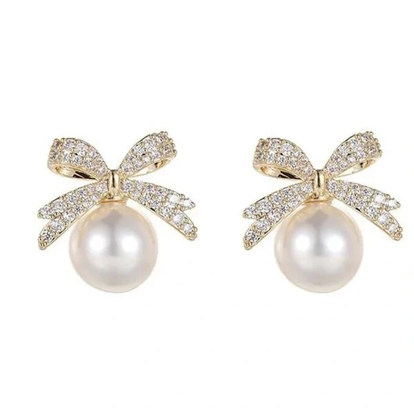 Bowknot diamond imitation pearl female earrings French retro exquisite earrings Japanese and Korean light luxury earrings