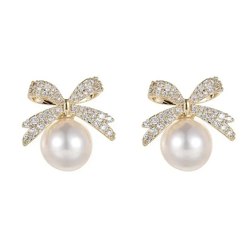 Bowknot diamond imitation pearl female earrings French retro exquisite earrings Japanese and Korean light luxury earrings