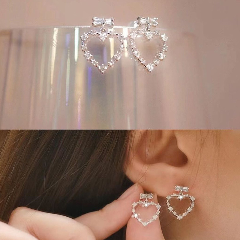 High-end zircon heart earrings niche bow earrings for women 2022 new style trendy earrings