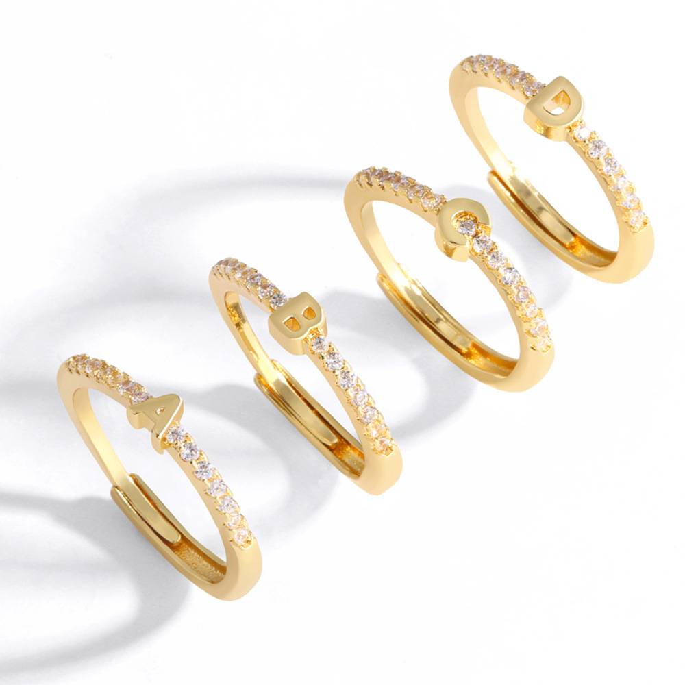 AS jewelry new wholesale 26 English letter ring adjustable gold-plated full zircon ring rih98