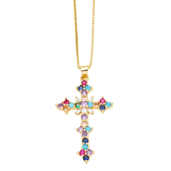 European and American jewelry micro-inlaid colored zircon cross pendant necklace hip hop retro clavicle chain nks87