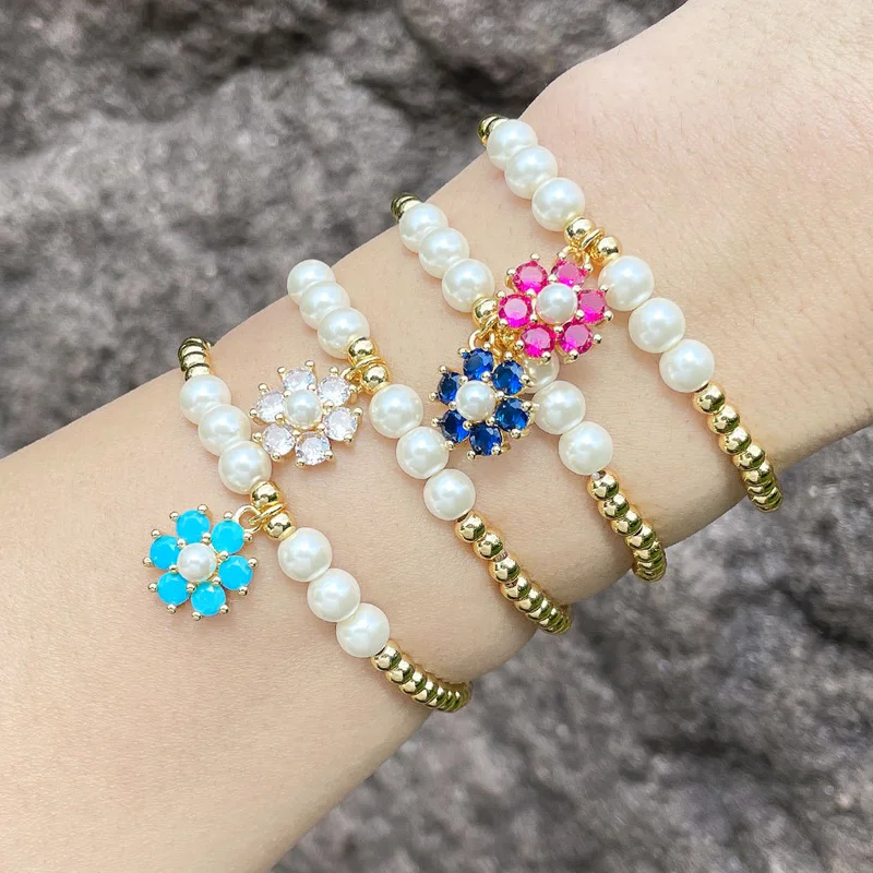 Clearance colored zircon flower beaded pearl bracelet female European and American summer niche design hand jewelry brh86