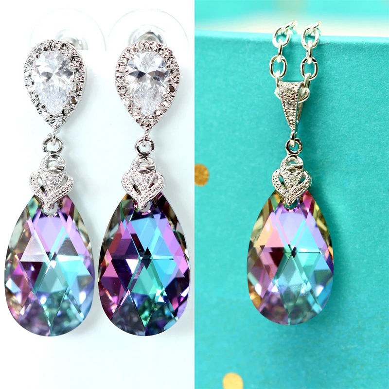 European and American new jewelry set women's colorful crystal glass pendant necklace teardrop earrings wholesale