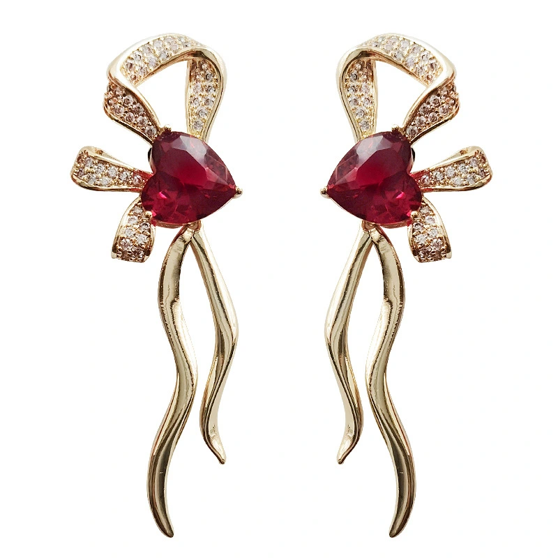 French romantic ruby heart bow earrings, high-end niche temperament hot earrings