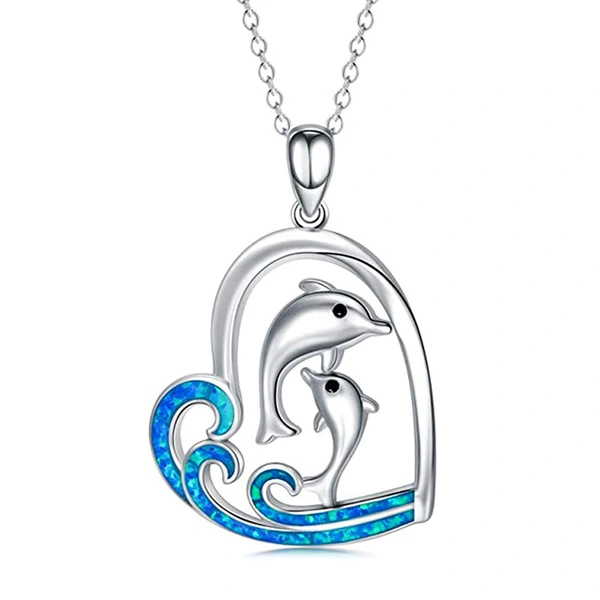 Korean fashion love dolphin necklace for women cute double dolphin heart-shaped pendant winter personality necklace