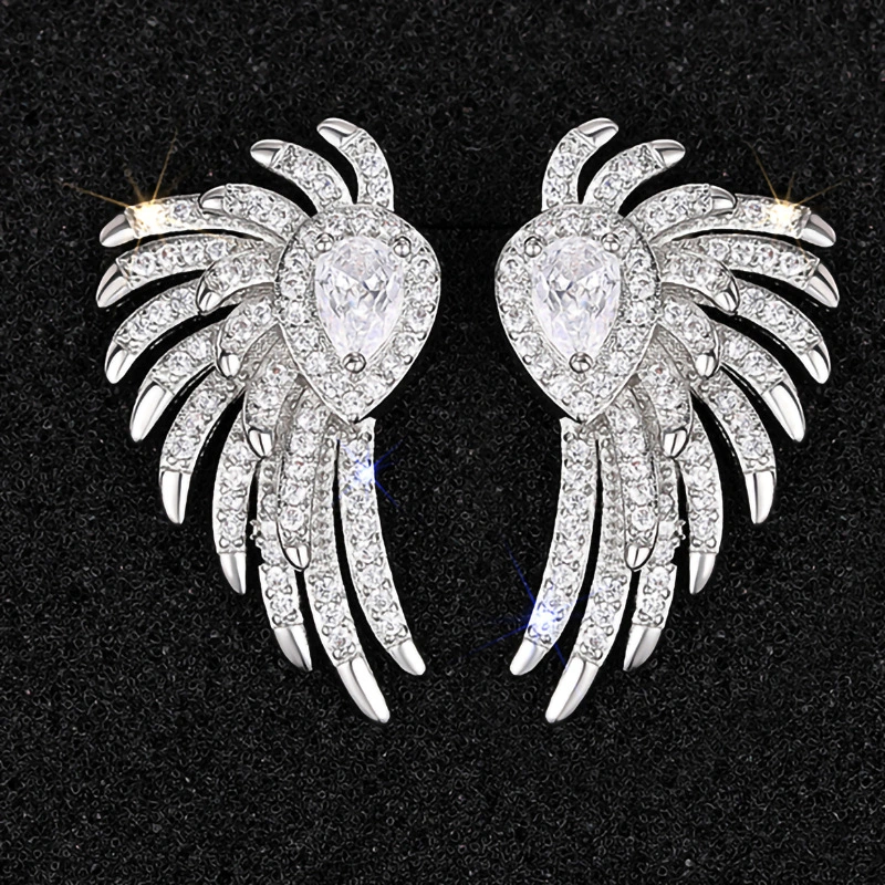 Micro-inlaid angel wings earrings Japanese and Korean style all-match high-end luxury earrings luxury feather earrings