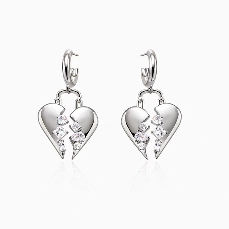  Broken zircon heart earrings cool style fashion light luxury design earrings personality temperament heart-shaped earrings