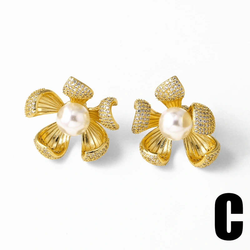 AS jewelry European and American copper plated real gold pearl flower inlaid zircon earrings earrings female erj92 earrings