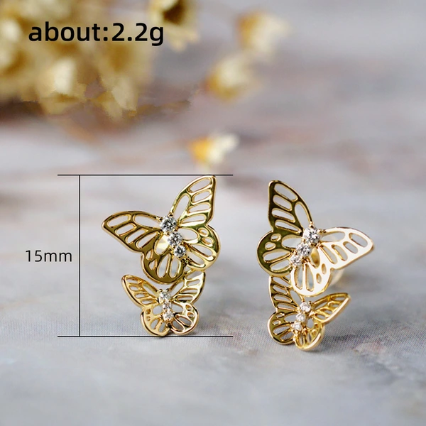 Fashion youth hollow butterfly earrings electroplated copper inlaid zircon student youth girls ear jewelry