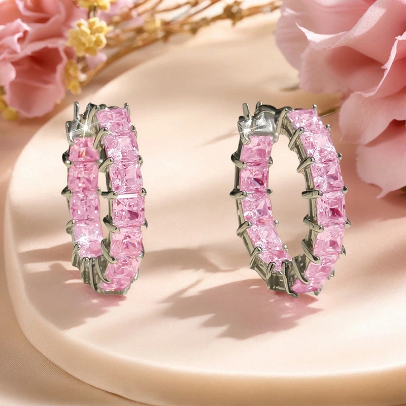 European and American fashion micro-inlaid square super shiny zircon earrings light luxury temperament circle earrings women's versatile earrings