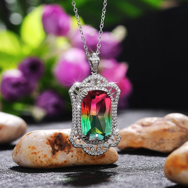 Luxury colored tourmaline pendant hollow palace style gradient color zircon necklace Mother's Day gift