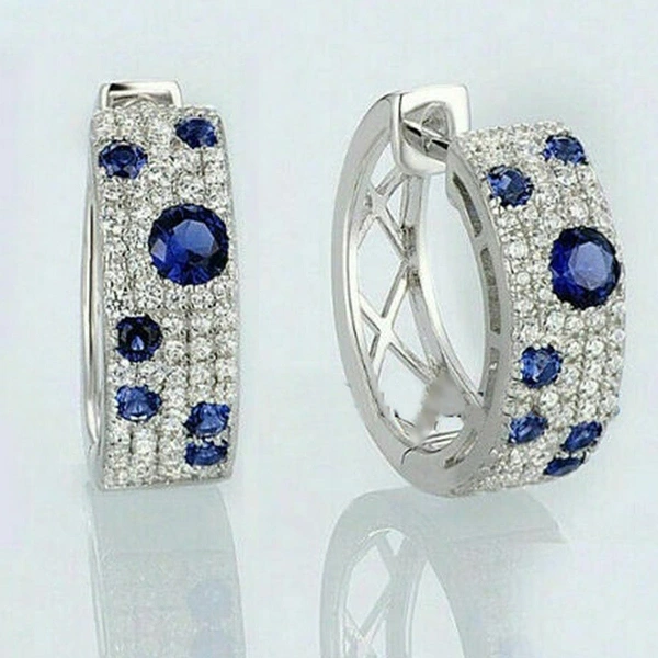 Korean blue and white diamond earrings, round micro-inlaid zircon, exquisite ear clips, popular online live broadcast, all-match earrings