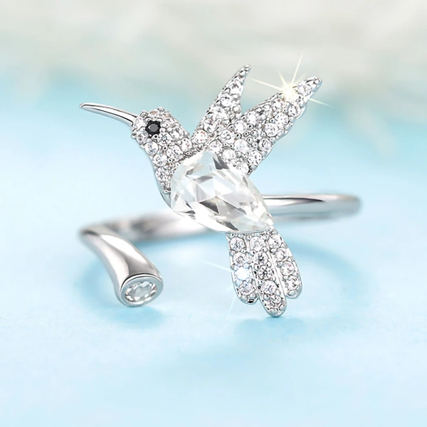  Fashionable niche design colorful ring female hummingbird open adjustable ring popular style