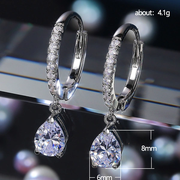 Exclusively supply Korean version of water drop pear-shaped zircon earrings for women copper plated white gold short elegant earrings