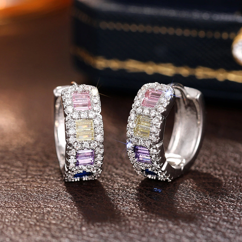 Colorful rectangular earrings, stylish and versatile, micro-inlaid earrings, daily commuting design, round earrings