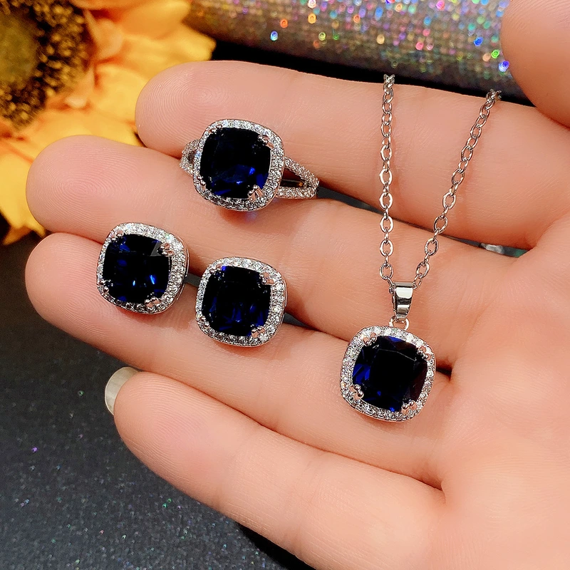 European and American style jewelry set fashionable square royal blue glass series accessories luxurious and elegant jewelry