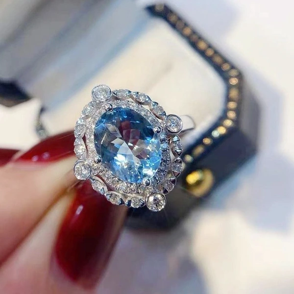 Kuaishou live broadcast welfare model light luxury sea blue zircon flower ring popular engagement ring for women